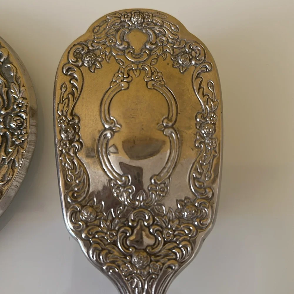 Vanity Hand Held Mirror and Brush Set Ornate Victorian Silverplate